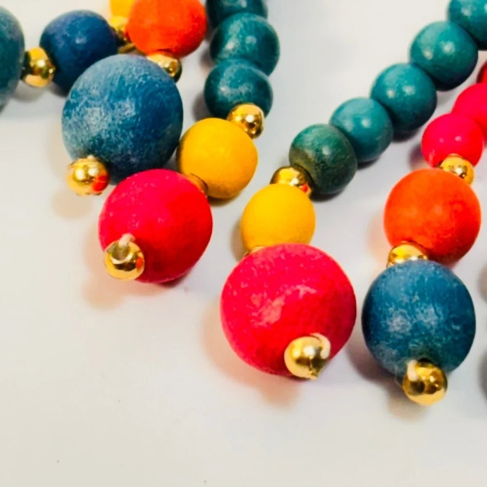 Vintage Beaded Drop Earrings Multi Color Wood Bead Boho Statement Dangle Jewelry